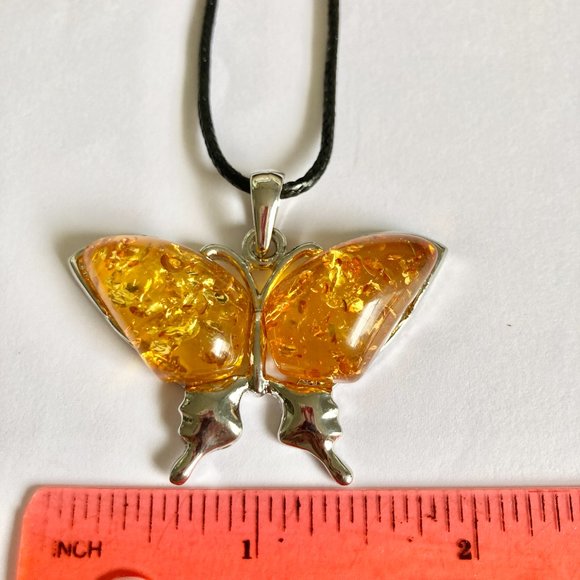 Vintage Yellow Amber Butterfly Necklace Pendant Silver Plated Simulated 18" - Picture 7 of 9